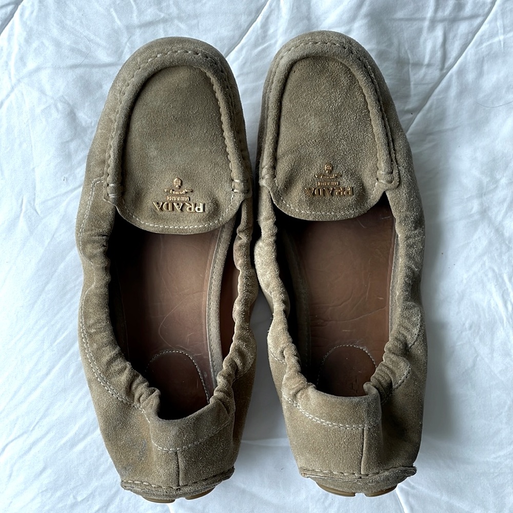 Prada suede moccasins - beige, gold accent. IT40